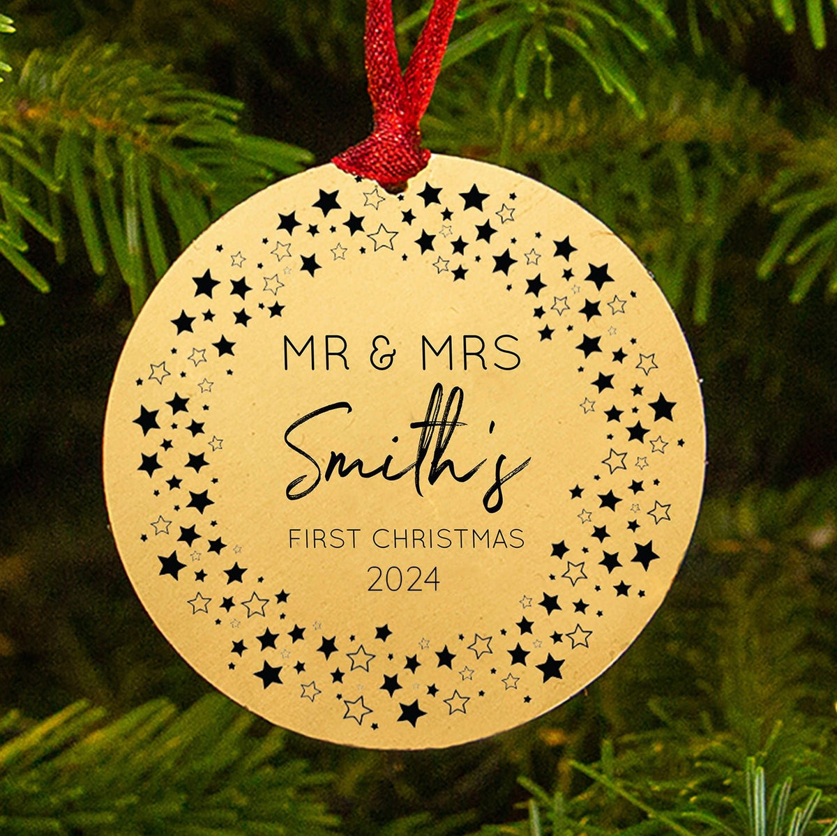 Personalised First Christmas As Mr And Mrs Star Wreath Tree Decoration