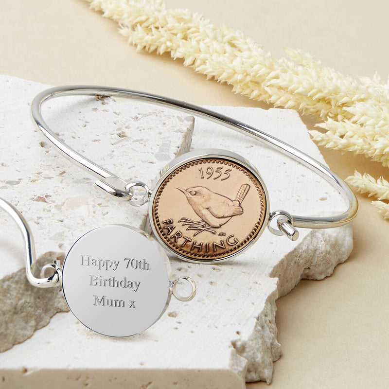 Farthing 1955 70th Birthday Coin Bangle Bracelet