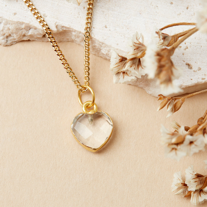 Gold Plated Heart Clear Quartz Gemstone Necklace