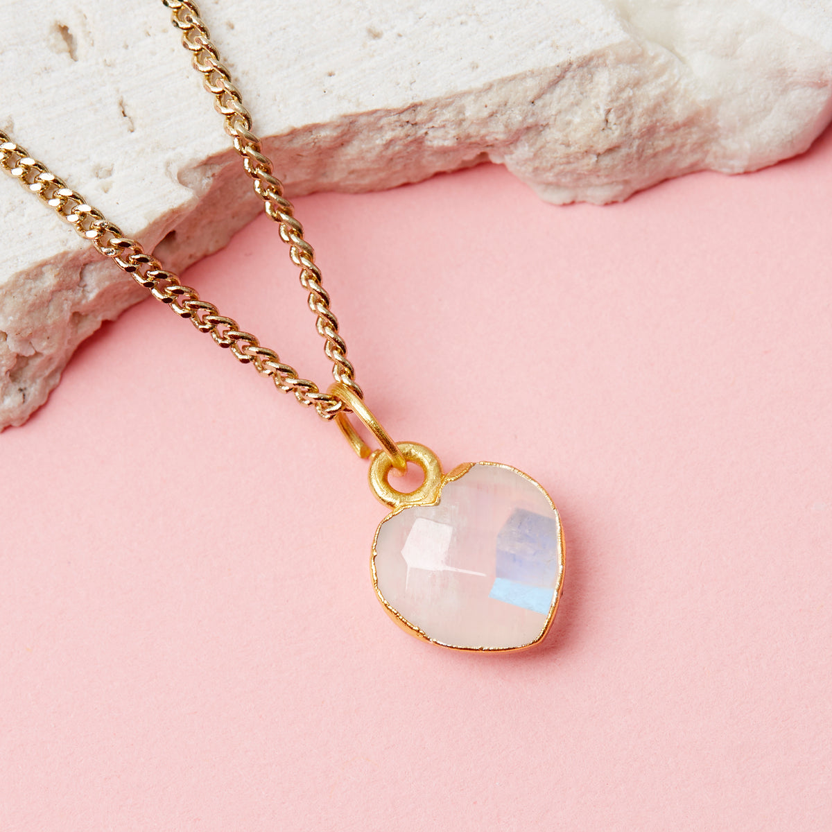 Gold Plated Heart Rainbow Moonstone Gemstone Necklace