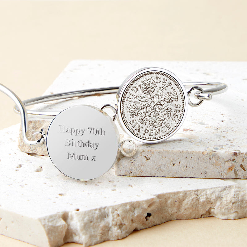 70th Birthday 1955 Sixpence Coin Bangle Bracelet