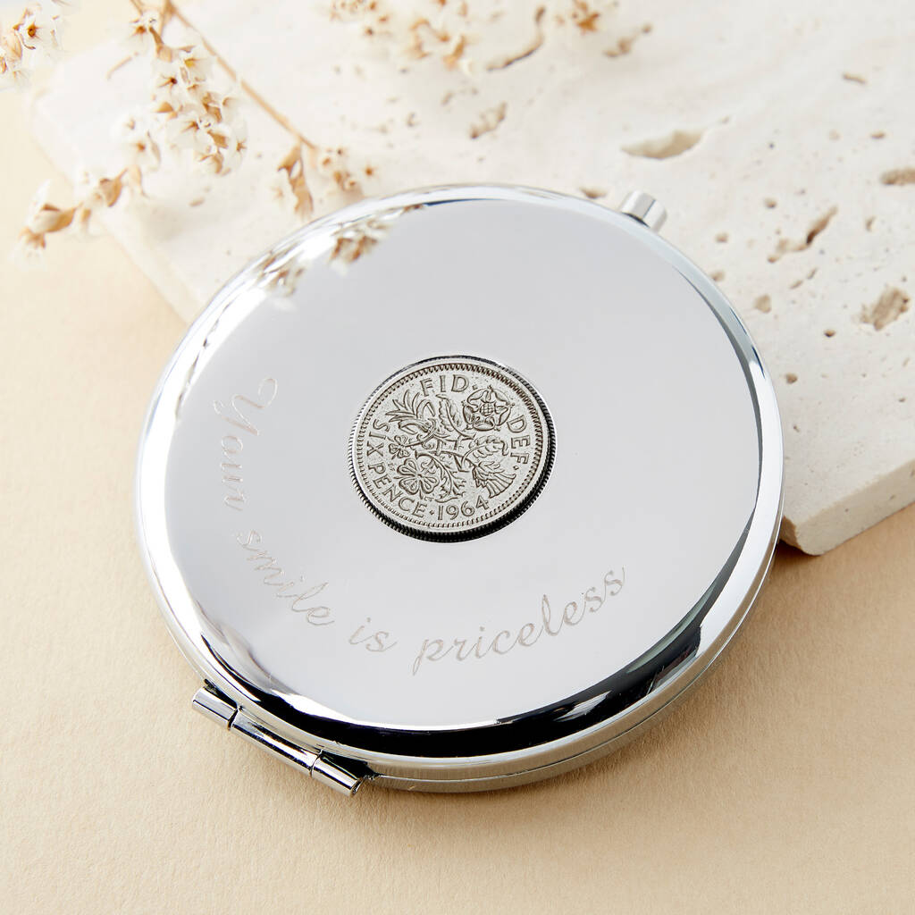 60th Birthday 1964 or 1965 Sixpence Coin Compact Mirror