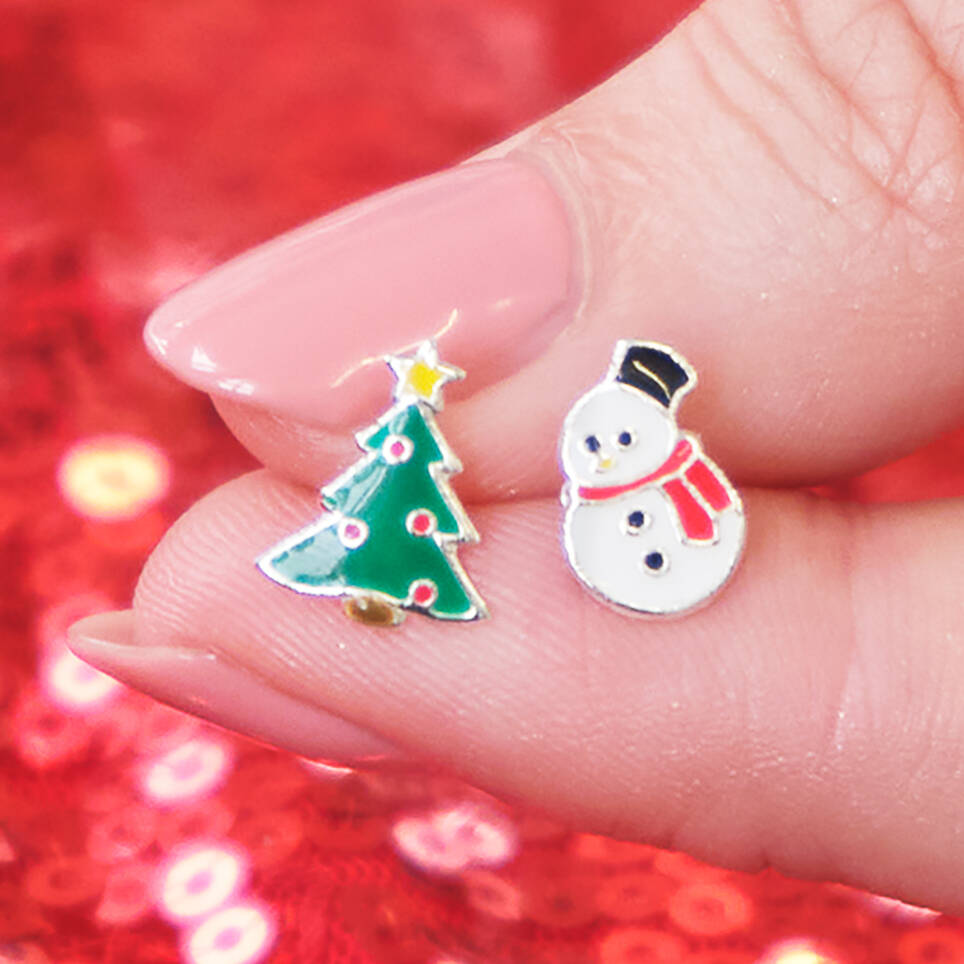 Sterling Silver Christmas Tree And Snowman Christmas Earrings