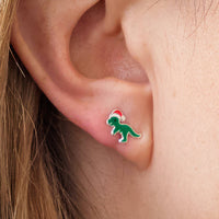 Sterling Silver Festive Dinosaur Christmas Stud Earrings