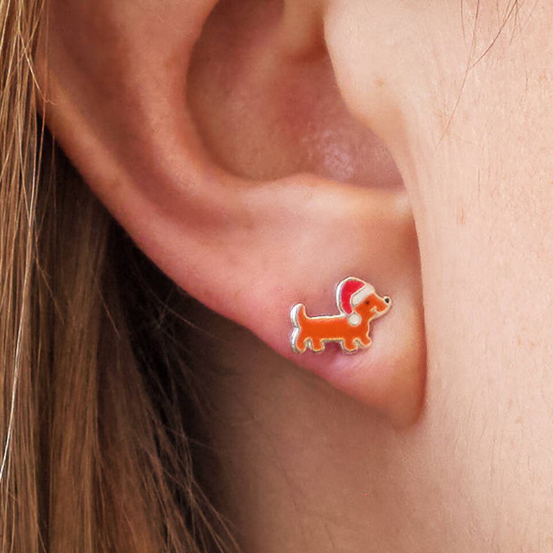 Festive Sausage Dog Christmas Stud Earrings