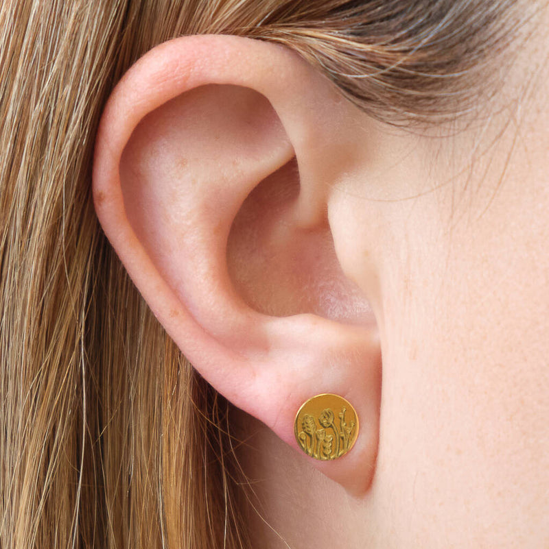 Gold Plated Engraved Flower Disc Earrings