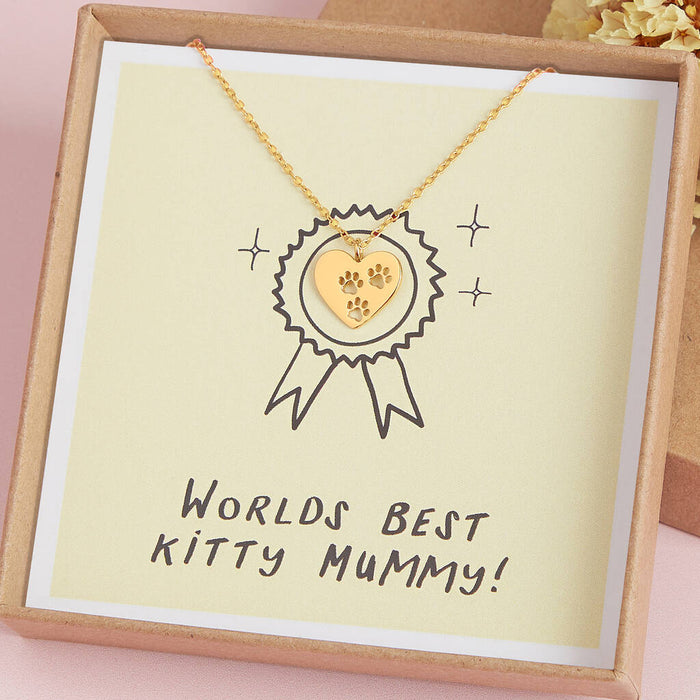 Worlds Best Kitty Mummy Heart Paw Print Gold Necklace