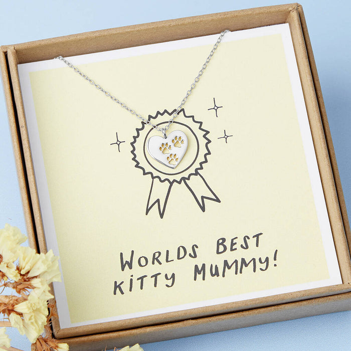 Worlds Best Kitty Mummy Heart Paw Print Silver Necklace