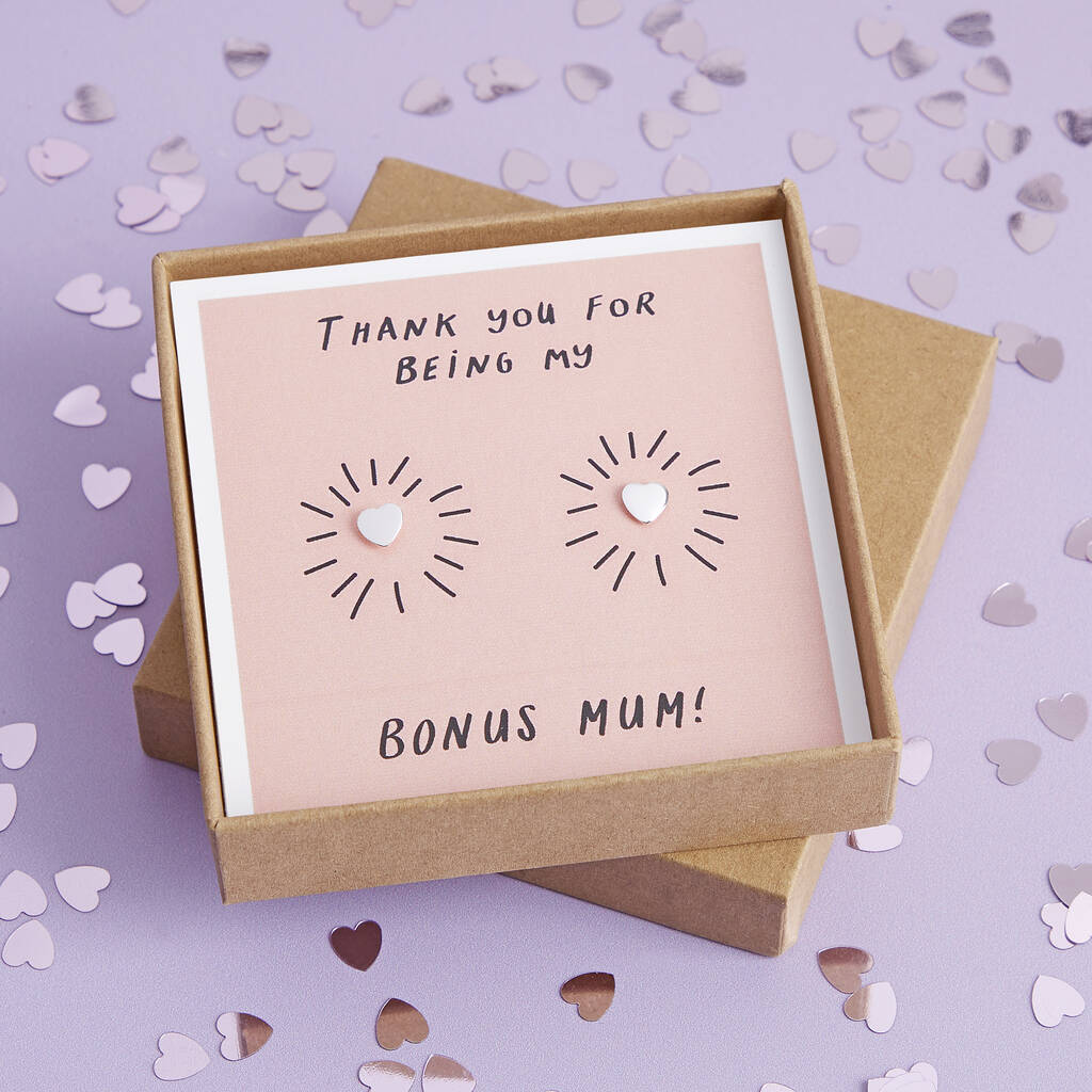 Mother's Day 'Bonus Mum' Heart Silver Stud Earrings