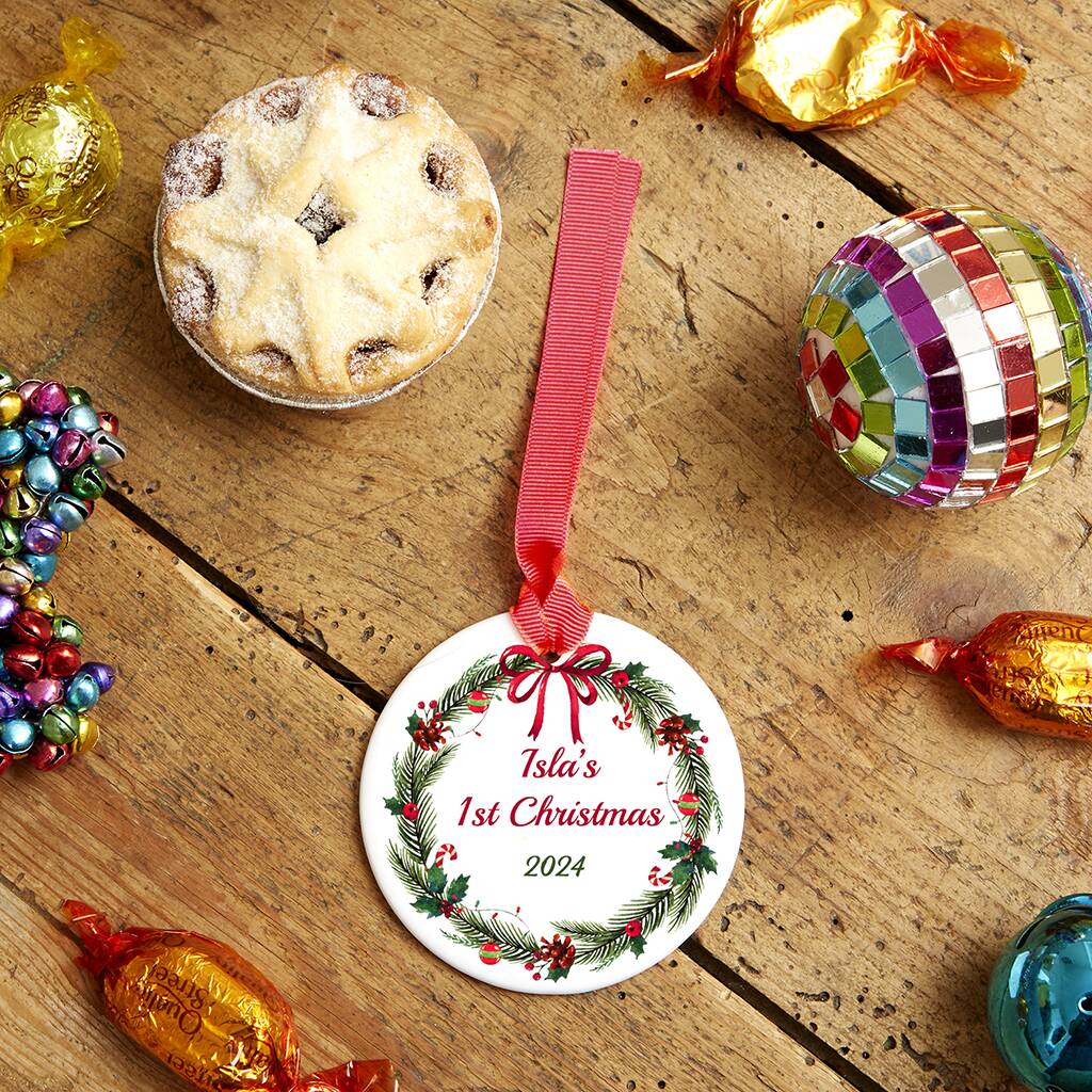 First Christmas Personalised Round Ceramic Christmas Decoration