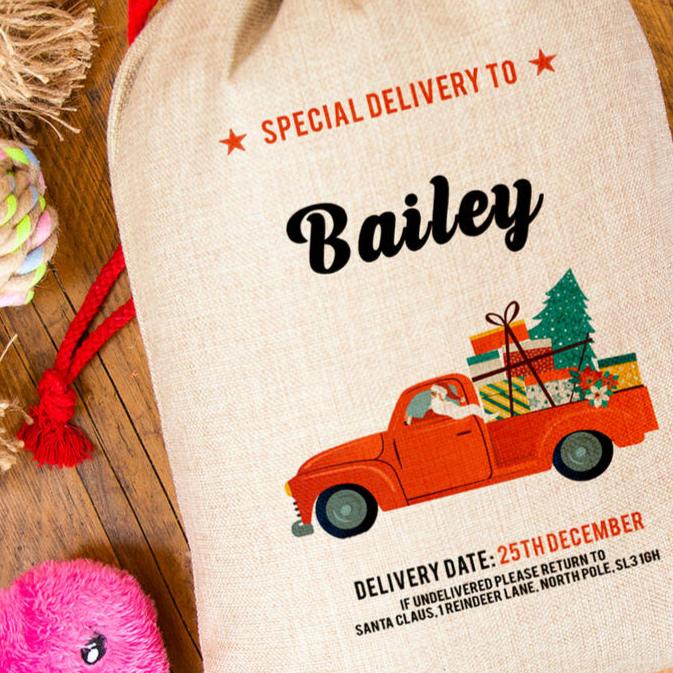 Personalised Special Delivery Santa car Pet Sack