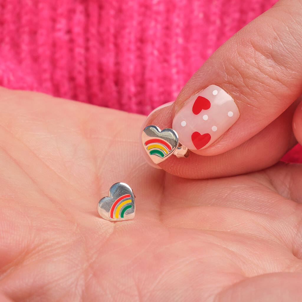 Rainbow Heart Silver Earrings Studs