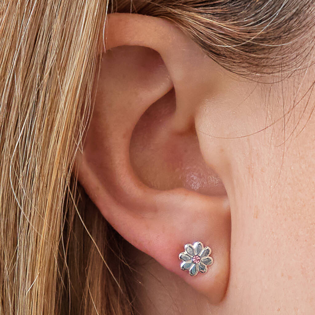 Sterling Silver And Pink Crystal Daisy Flower Earrings