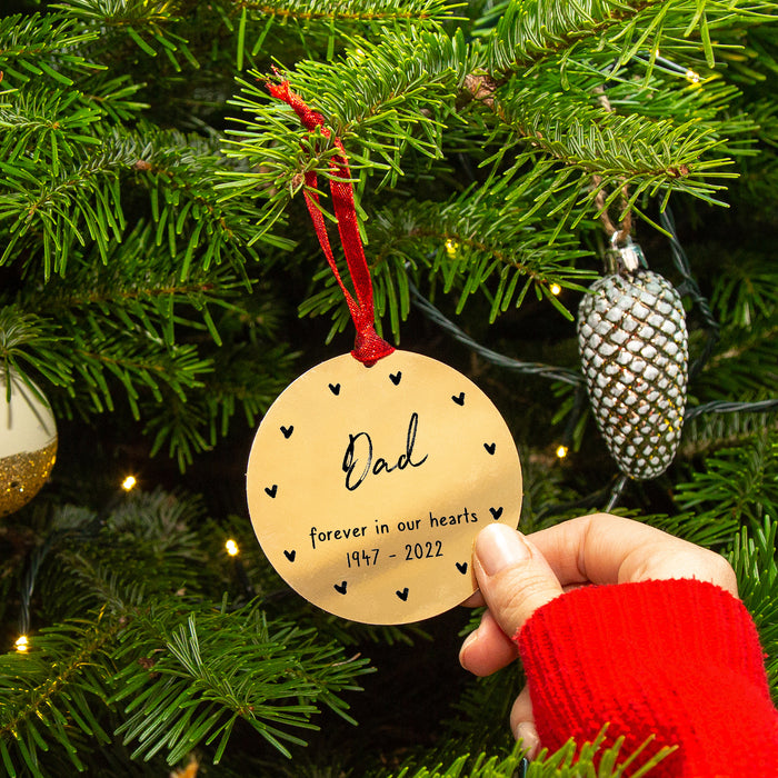 Personalised Remembrance In Our Hearts Gold Christmas Decoration Bauble