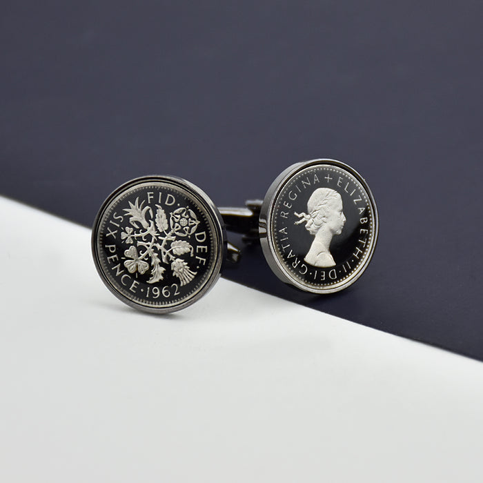 Sixpence Enamel Coin Cufflinks - Silver