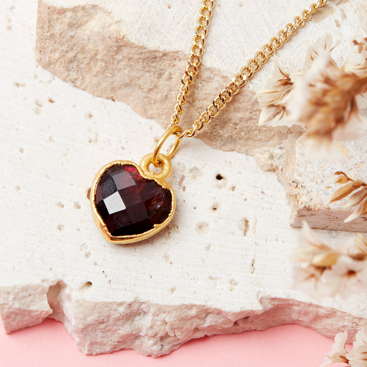 Gold Plated Heart Garnet Gemstone Necklace