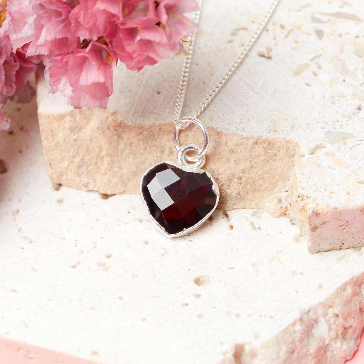 Sterling Silver Heart Garnet Gemstone Necklace