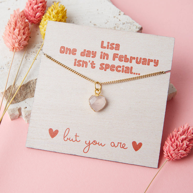 Valentines Gold Plated Rose Quartz Necklace Card