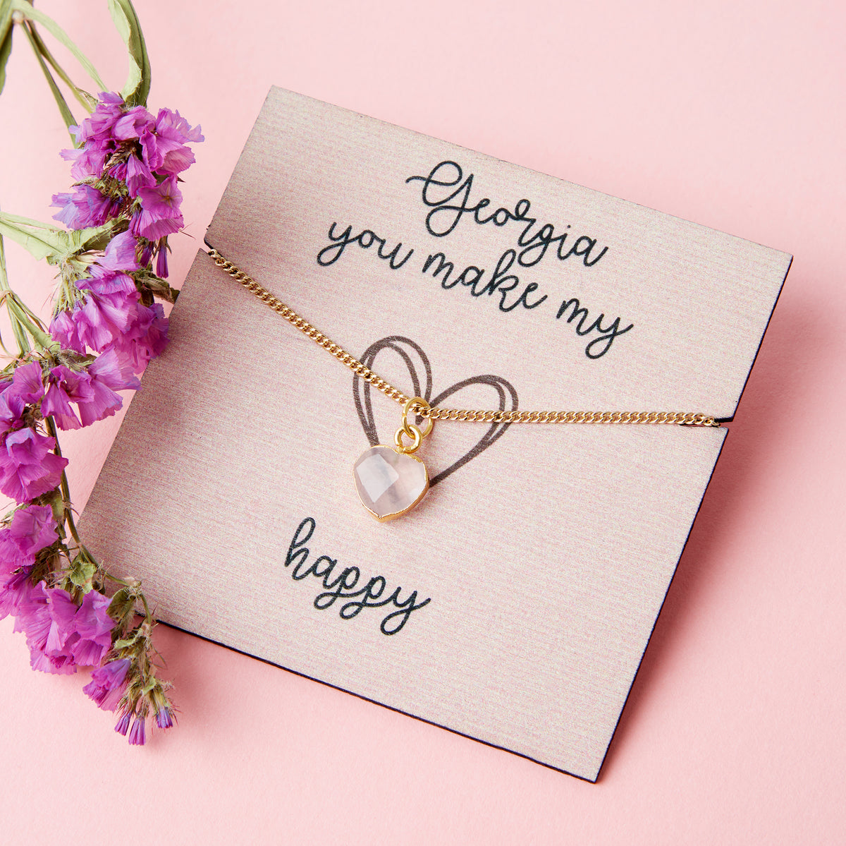 Personalised Gold Rose Quartz Gemstone Necklace Card