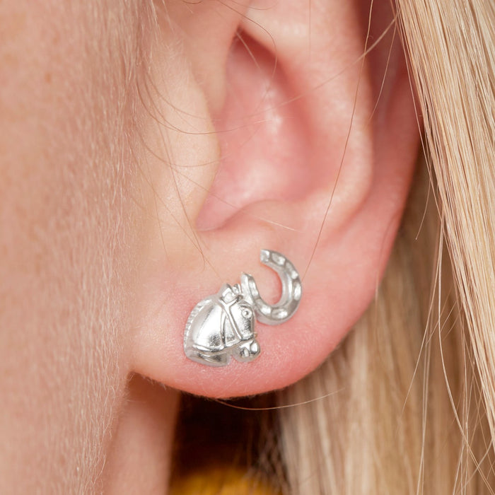 Sterling Silver Horse and Horse Shoe Stud Earrings