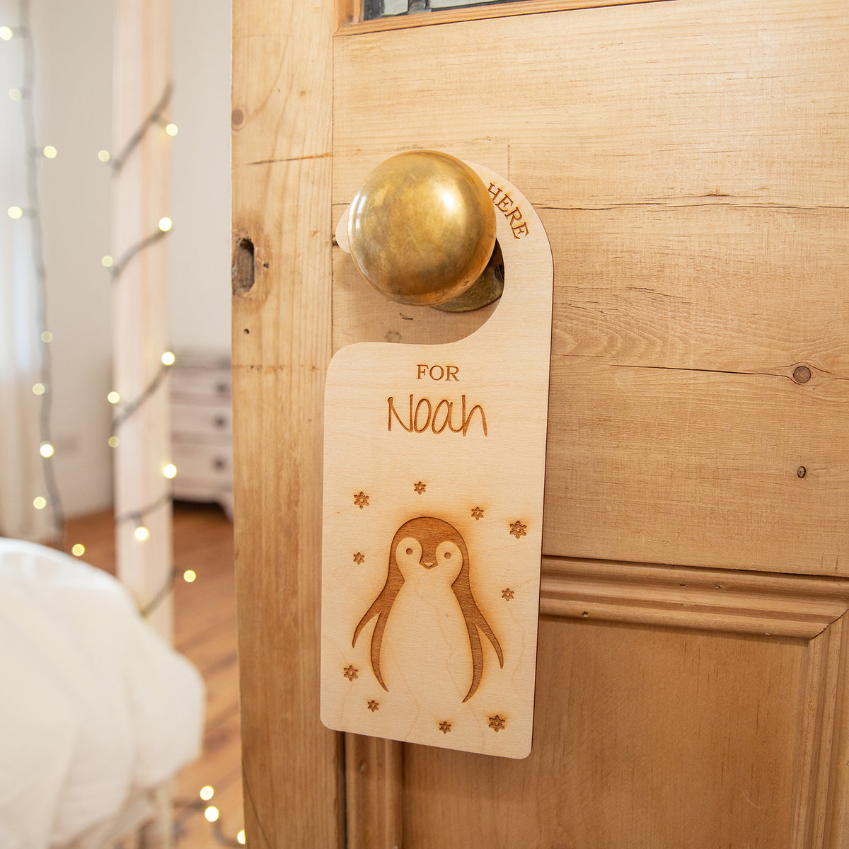 Santa Stop Here Personalised Penguin Christmas Door Hanger