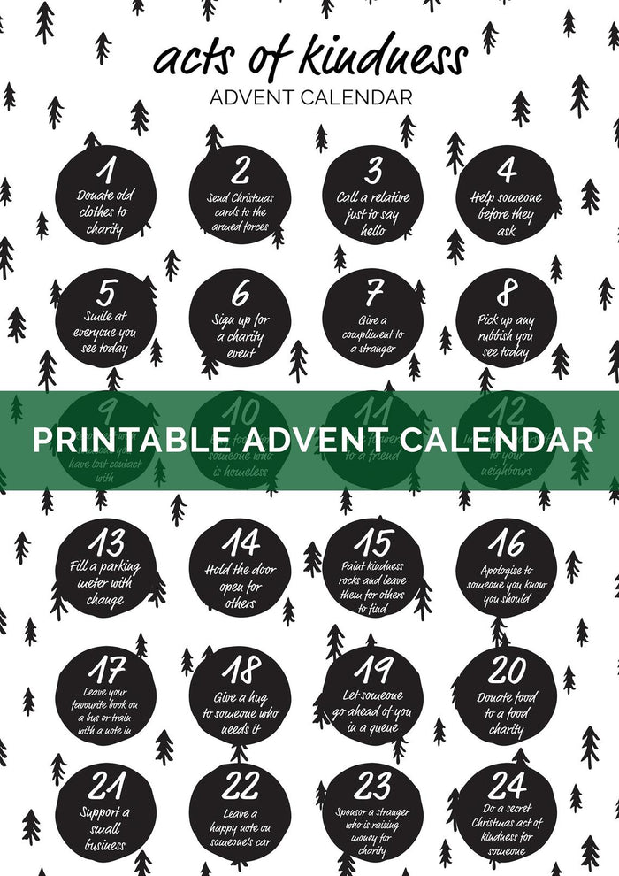 DIGITAL DOWNLOAD - "Random Acts of Kindness" Printable Advent Calendar - Scandi Trees Black and White