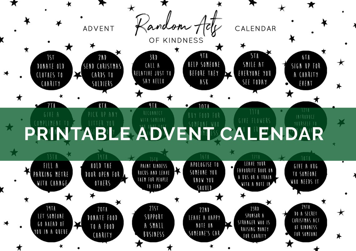 DIGITAL DOWNLOAD - "Random Acts of Kindness" Printable Advent Calendar - black and white stars