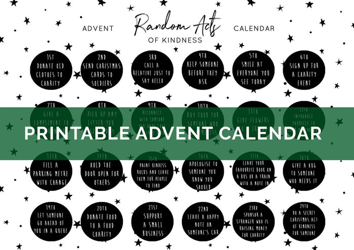 DIGITAL DOWNLOAD - "Random Acts of Kindness" Printable Advent Calendar - black and white stars