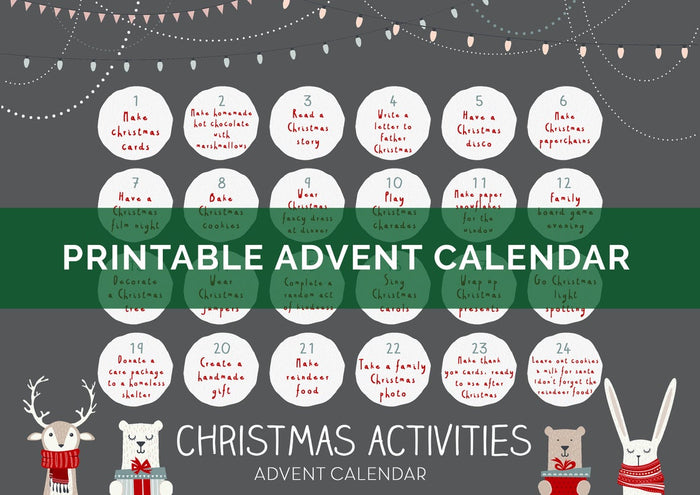 DIGITAL DOWNLOAD - Children's "Christmas Activities" Printable Advent Calendar - Grey Winter Animals