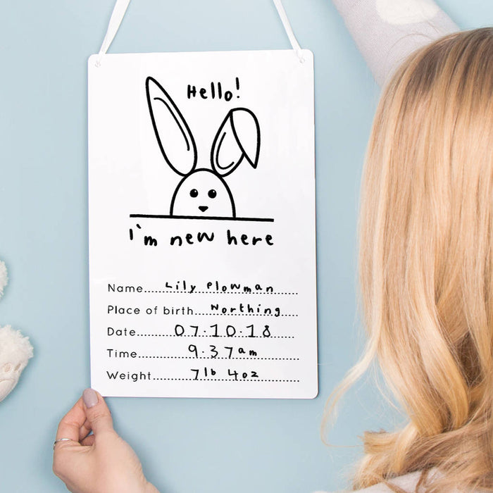 New Baby 'Hello! I'm New Here' Rabbit Nursery Sign