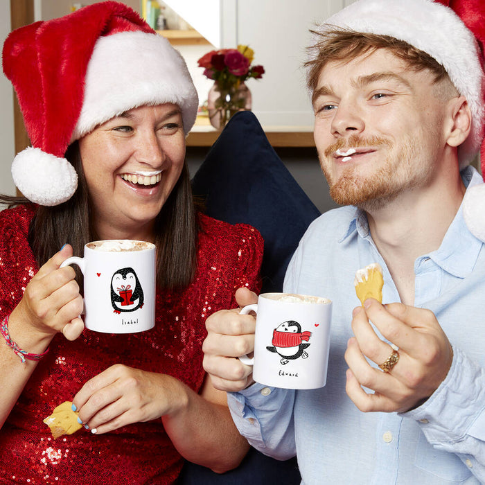 Personalised Illustrated Penguin Couples Christmas Mug Set