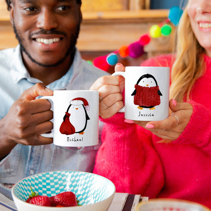 Personalised Couples Penguin Christmas Mug Set