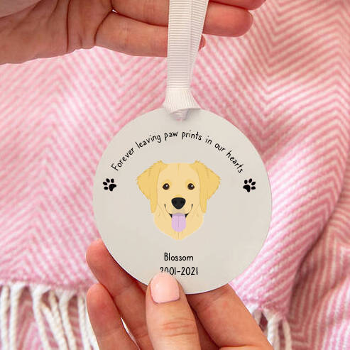 Personalised 'Forever Leaving Paw Prints In Our Hearts' Dog Breed Remembrance Keepsake Decoration