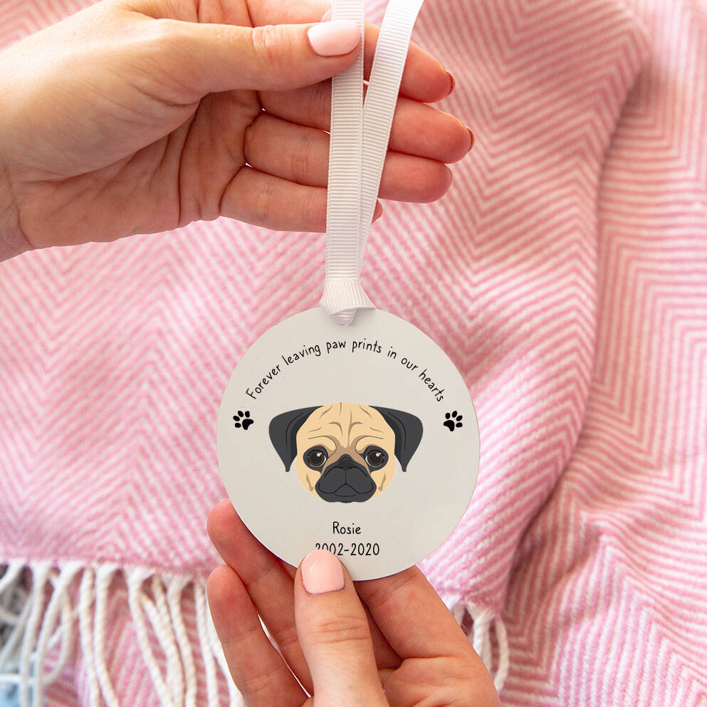 Personalised 'Forever Leaving Paw Prints In Our Hearts' Dog Breed Remembrance Keepsake Decoration