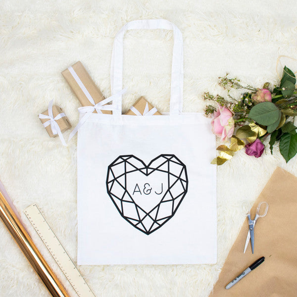 Jewelled Heart Personalised Double Initial Wedding Gift Bag Tote Bag